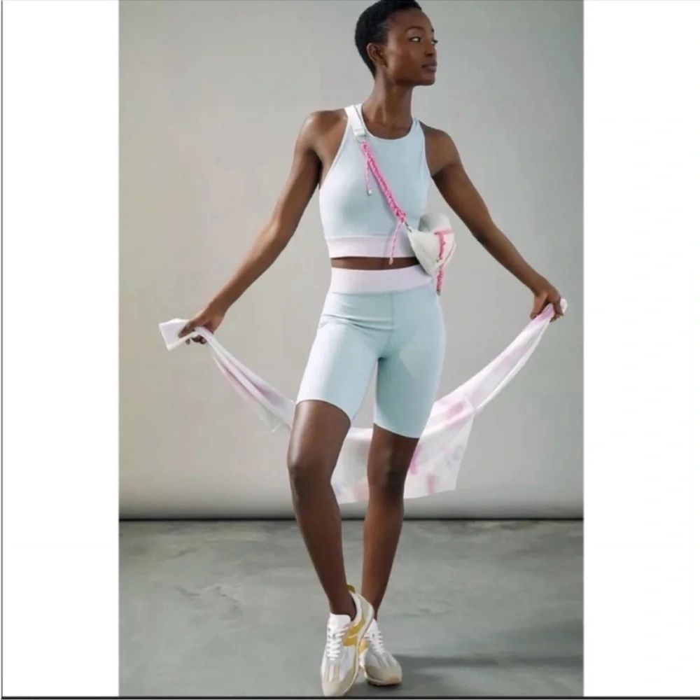 Anthropologie James Colorblock Biker Short Set Longline Sports Bra Blue Outfit